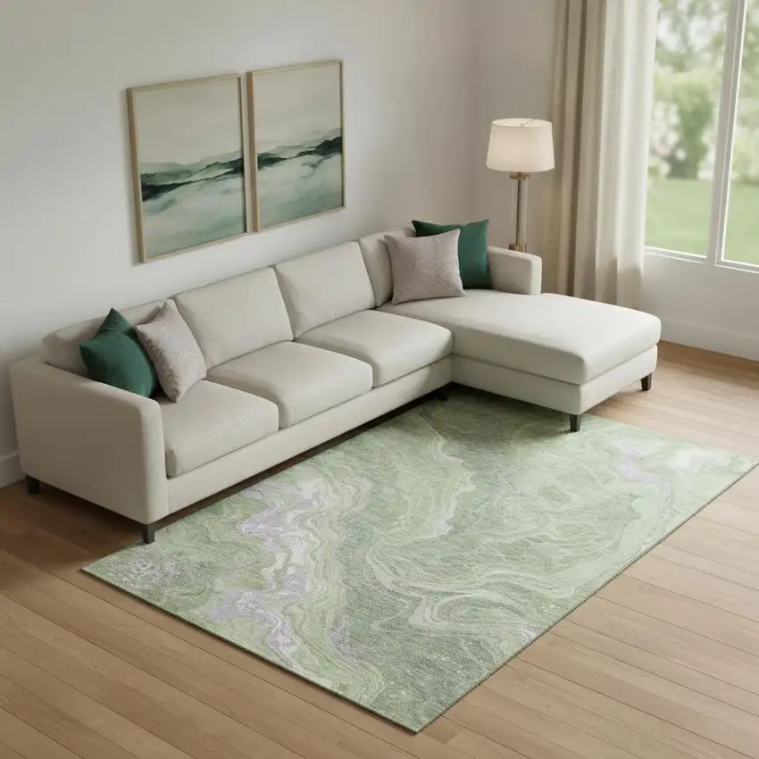 Artichoke Green Lavender And Ivory Abstract Washable Area Rug With UV Protection Photo 2
