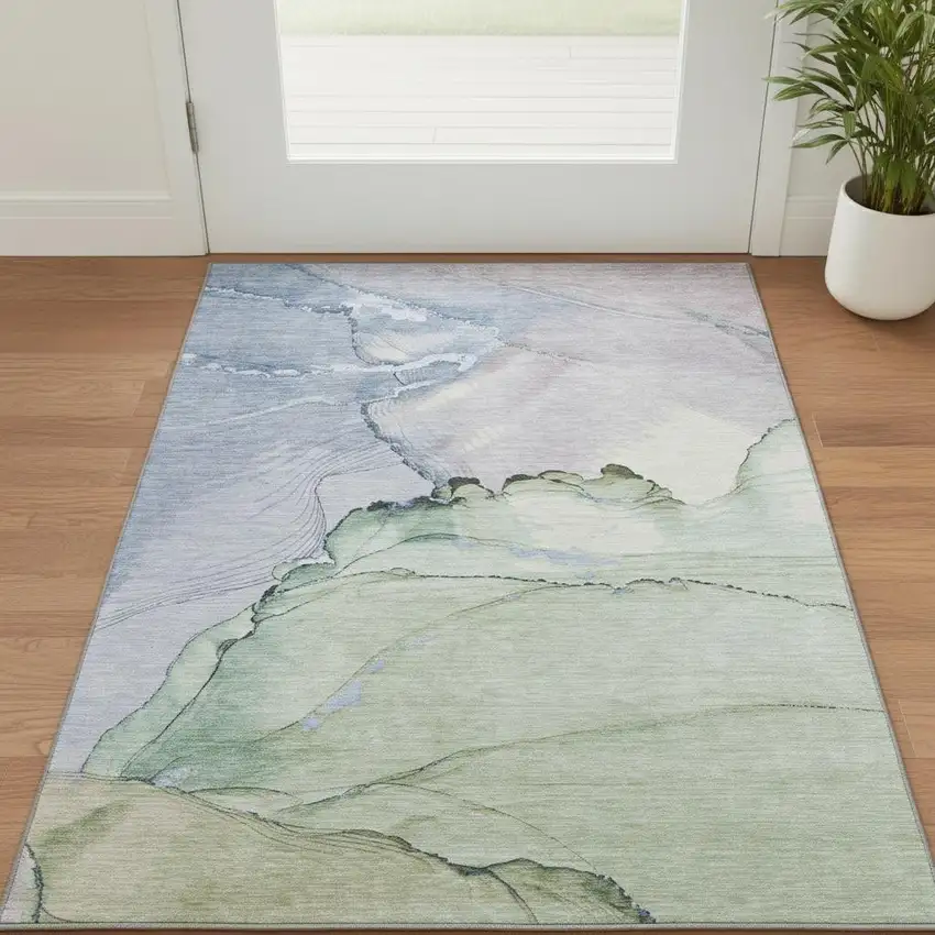 Artichoke Green Lavender And Ivory Abstract Washable Area Rug With UV Protection Photo 2