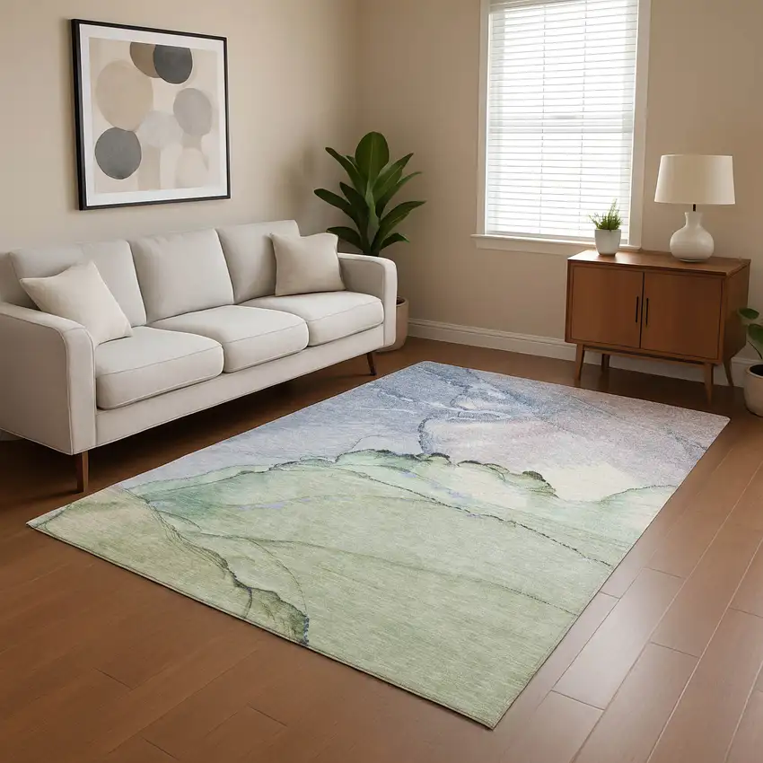 Artichoke Green Lavender And Ivory Abstract Washable Area Rug With UV Protection Photo 3
