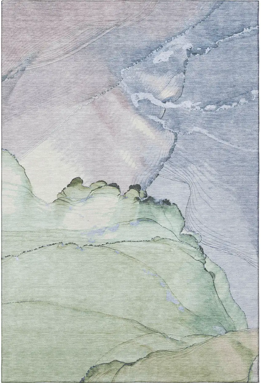 Artichoke Green Lavender And Ivory Abstract Washable Area Rug With UV Protection Photo 2