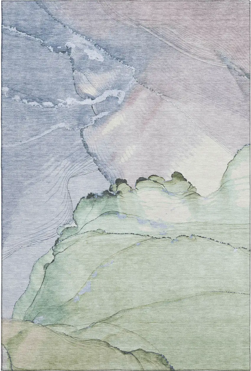 Artichoke Green Lavender And Ivory Abstract Washable Area Rug With UV Protection Photo 1