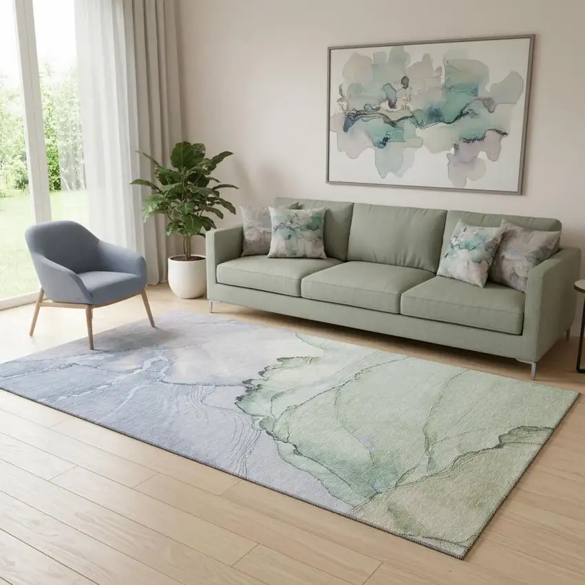 Artichoke Green Lavender And Ivory Abstract Washable Area Rug With UV Protection Photo 2