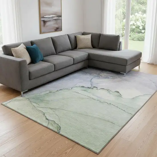 Artichoke Green Lavender And Ivory Abstract Washable Area Rug With UV Protection Photo 2