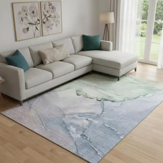 Artichoke Green Lavender And Ivory Abstract Washable Area Rug With UV Protection Photo 2