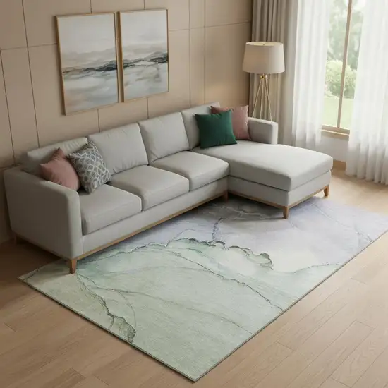 Artichoke Green Lavender And Ivory Abstract Washable Area Rug With UV Protection Photo 2