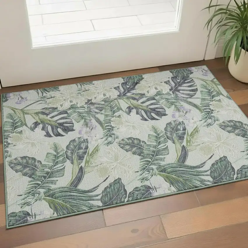 Artichoke Green Lavender And Ivory Floral Washable Area Rug With UV Protection Photo 2