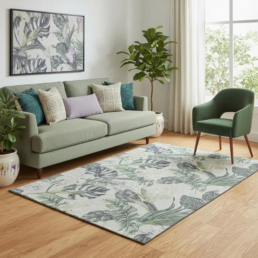 Artichoke Green Lavender And Ivory Floral Washable Area Rug With UV Protection Photo 2