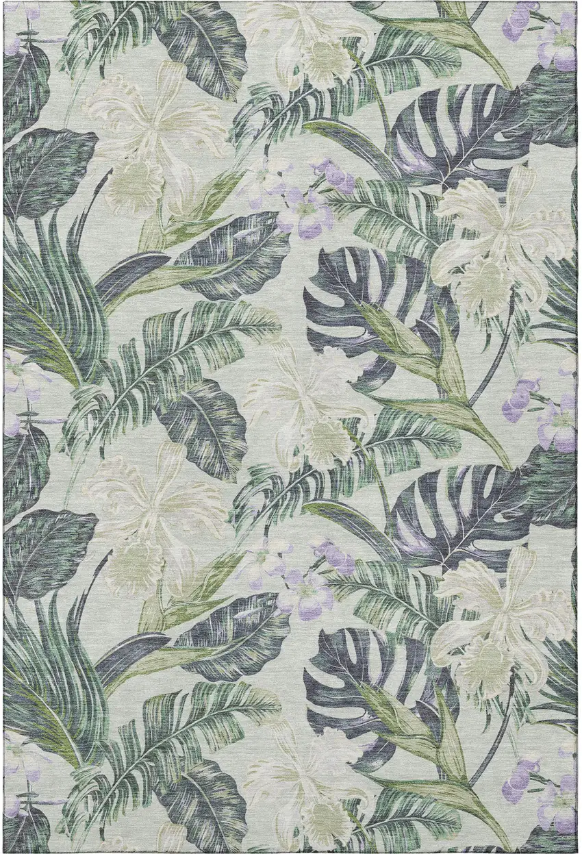 Artichoke Green Lavender And Ivory Floral Washable Area Rug With UV Protection Photo 3
