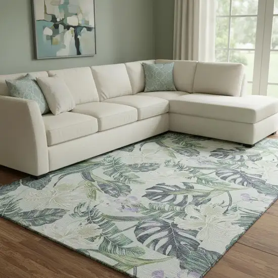 Artichoke Green Lavender And Ivory Floral Washable Area Rug With UV Protection Photo 2