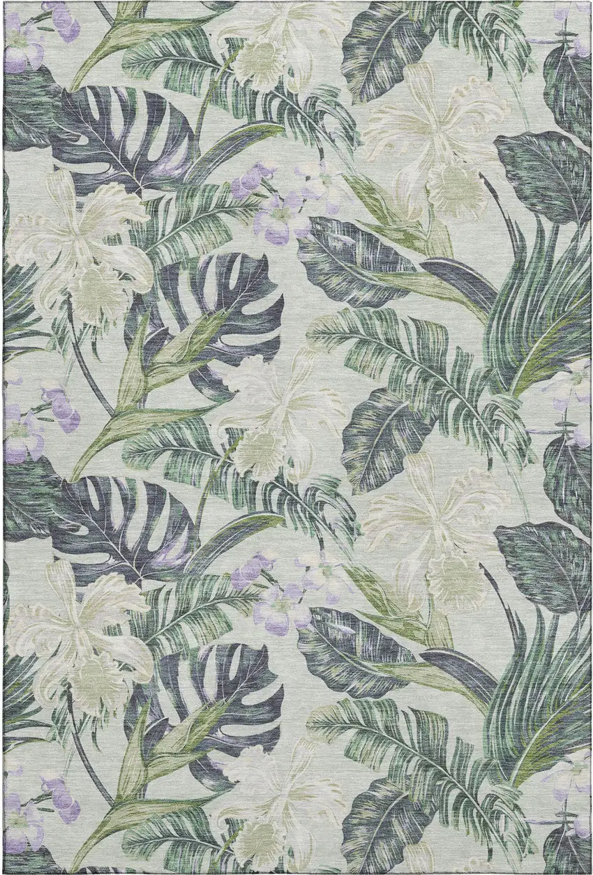 Artichoke Green Lavender And Ivory Floral Washable Area Rug With UV Protection Photo 1