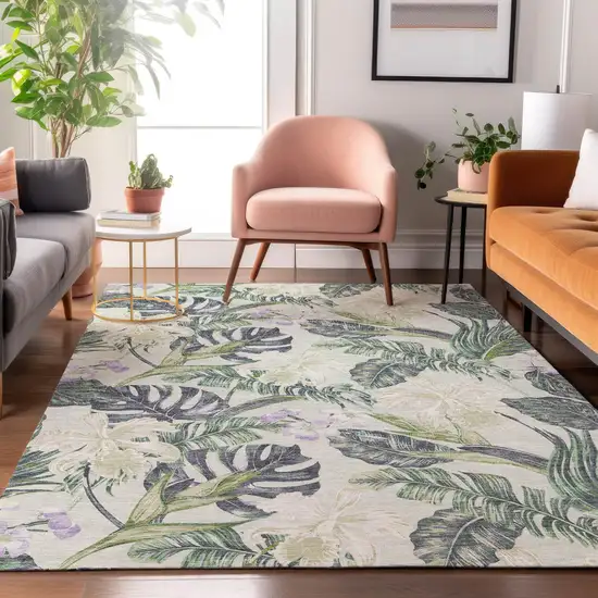 Artichoke Green Lavender And Ivory Floral Washable Area Rug With UV Protection Photo 5