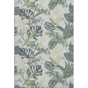 Photo of Artichoke Green Lavender And Ivory Floral Washable Area Rug With UV Protection