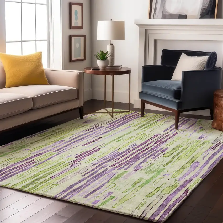 Artichoke Green Lavender And Ivory Striped Washable Area Rug With UV Protection Photo 5