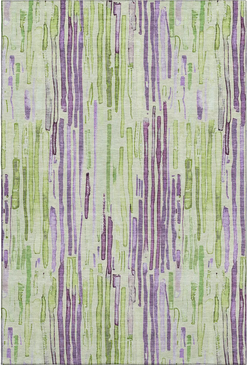 Artichoke Green Lavender And Ivory Striped Washable Area Rug With UV Protection Photo 1