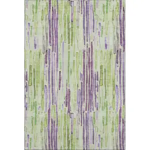 Photo of Artichoke Green Lavender And Ivory Striped Washable Area Rug With UV Protection