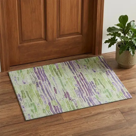 Artichoke Green Lavender And Ivory Striped Washable Area Rug With UV Protection Photo 1