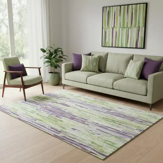 Artichoke Green Lavender And Ivory Striped Washable Area Rug With UV Protection Photo 2