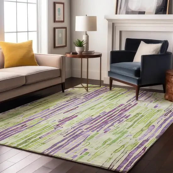 Artichoke Green Lavender And Ivory Striped Washable Area Rug With UV Protection Photo 5