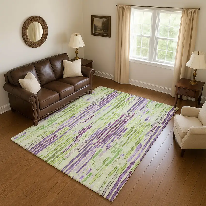 Artichoke Green Lavender And Ivory Striped Washable Area Rug With UV Protection Photo 4