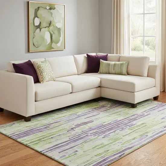 Artichoke Green Lavender And Ivory Striped Washable Area Rug With UV Protection Photo 2
