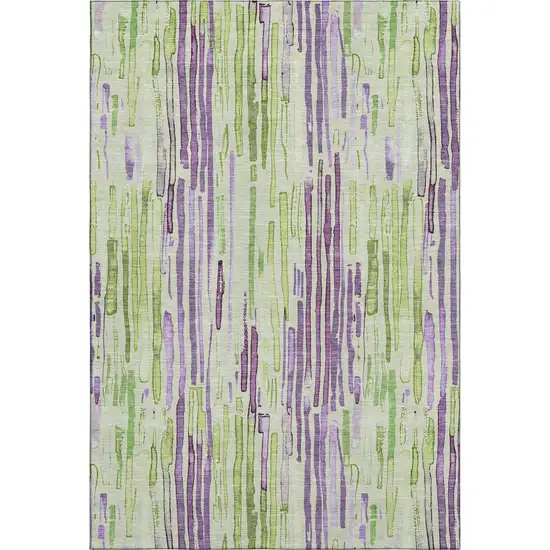 Artichoke Green Lavender And Ivory Striped Washable Area Rug With UV Protection Photo 1