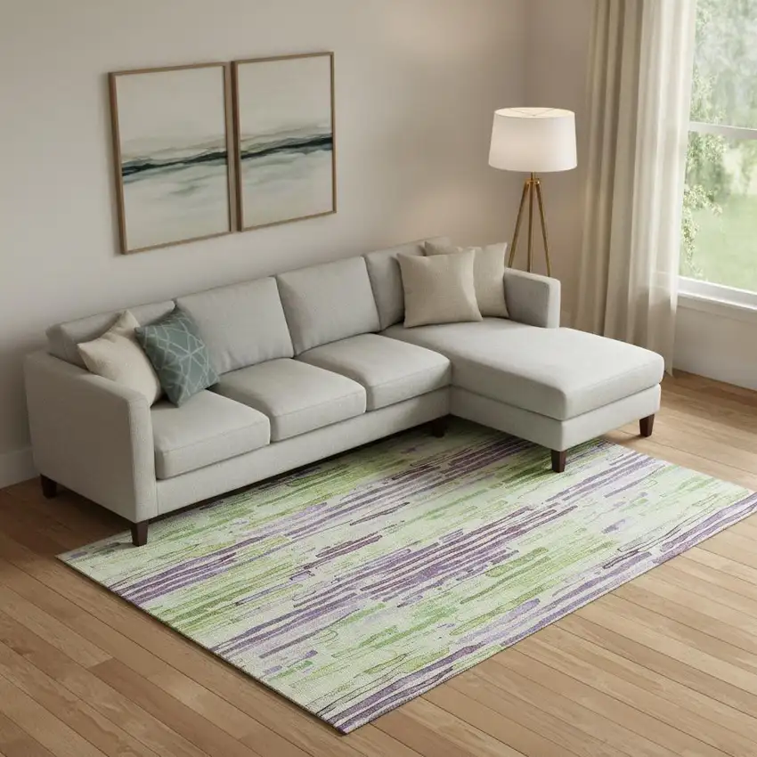 Artichoke Green Lavender And Ivory Striped Washable Area Rug With UV Protection Photo 2