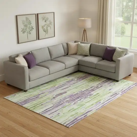 Artichoke Green Lavender And Ivory Striped Washable Area Rug With UV Protection Photo 2
