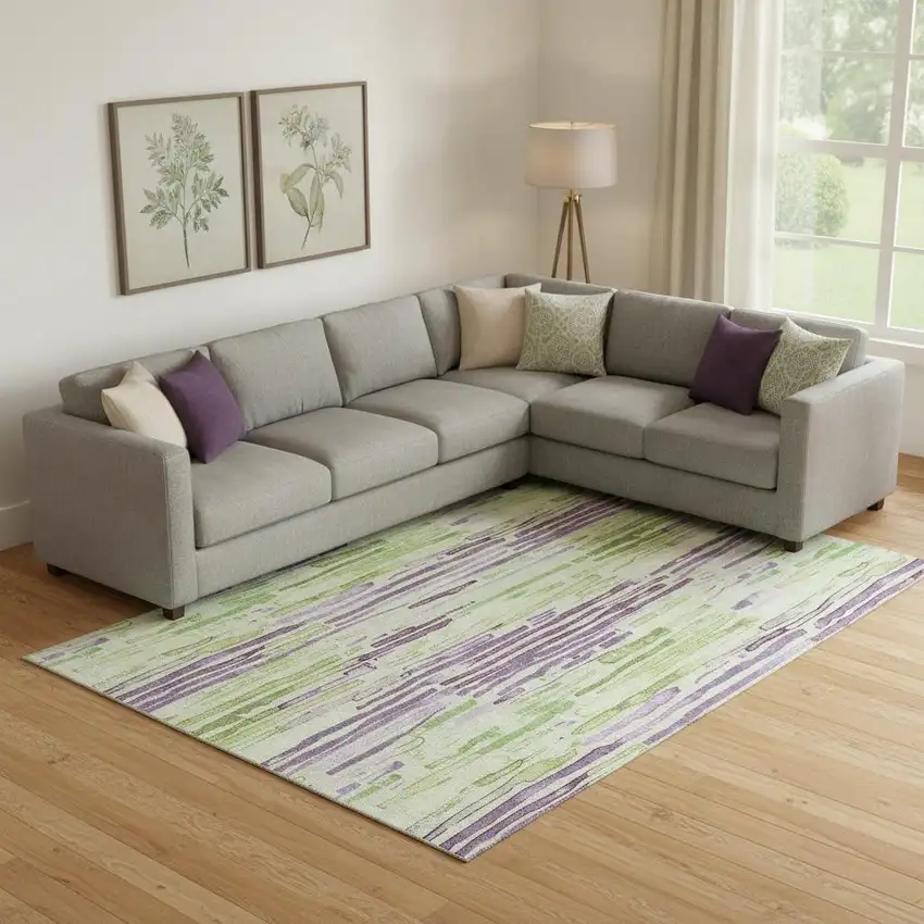 Artichoke Green Lavender And Ivory Striped Washable Area Rug With UV Protection Photo 2