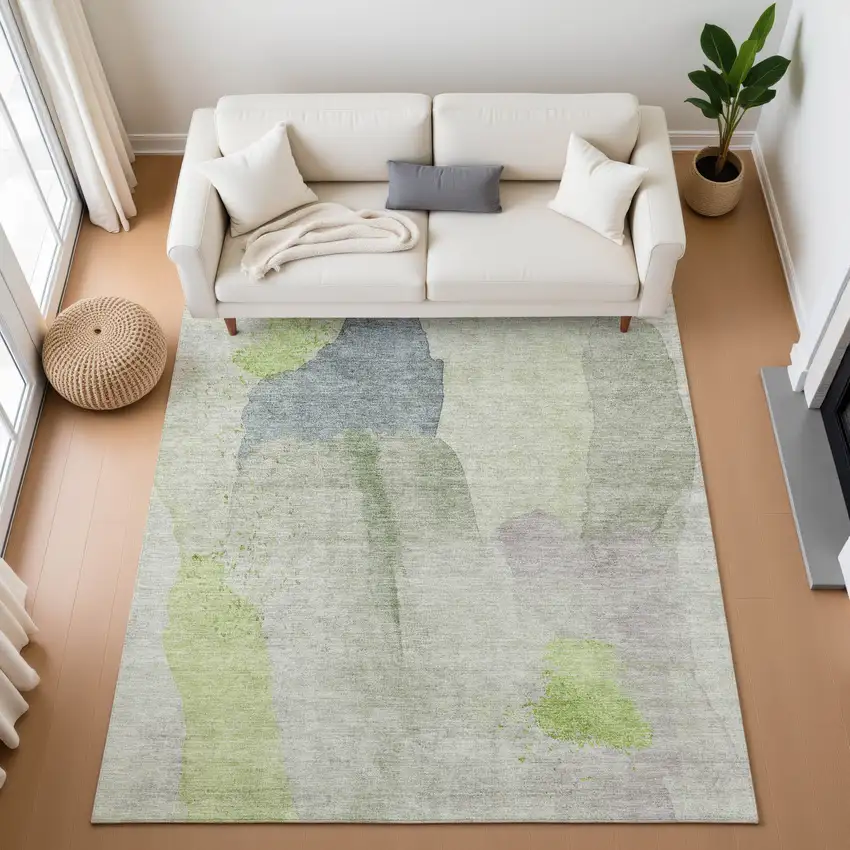 Artichoke Green Lavender And Taupe Abstract Washable Area Rug With UV Protection Photo 4