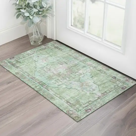 Artichoke Green Lavender And Teal Oriental Washable Area Rug With UV Protection Photo 2