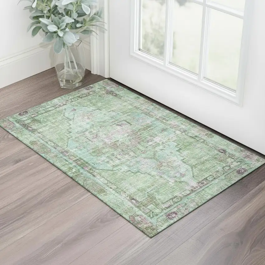 Artichoke Green Lavender And Teal Oriental Washable Area Rug With UV Protection Photo 2