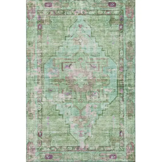 Artichoke Green Lavender And Teal Oriental Washable Area Rug With UV Protection Photo 3