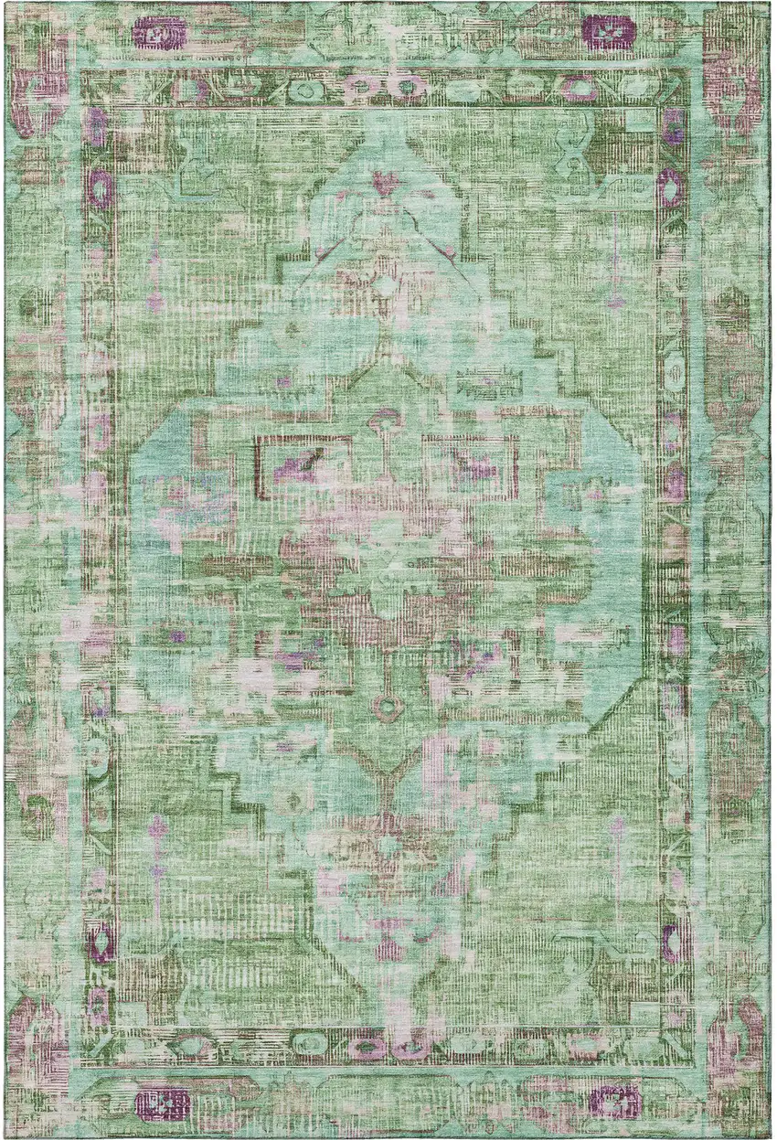 Artichoke Green Lavender And Teal Oriental Washable Area Rug With UV Protection Photo 3
