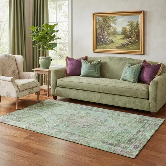 Artichoke Green Lavender And Teal Oriental Washable Area Rug With UV Protection Photo 2