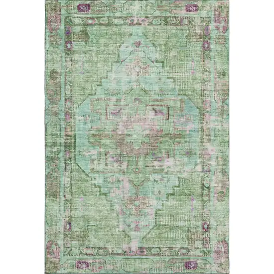 Artichoke Green Lavender And Teal Oriental Washable Area Rug With UV Protection Photo 1