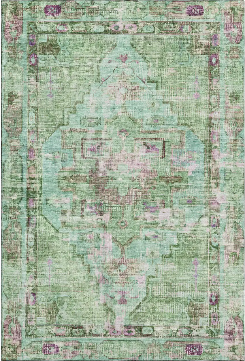 Artichoke Green Lavender And Teal Oriental Washable Area Rug With UV Protection Photo 1