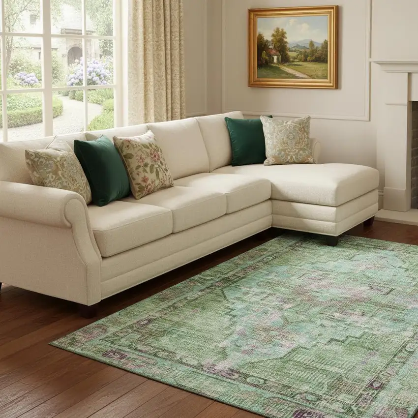 Artichoke Green Lavender And Teal Oriental Washable Area Rug With UV Protection Photo 2