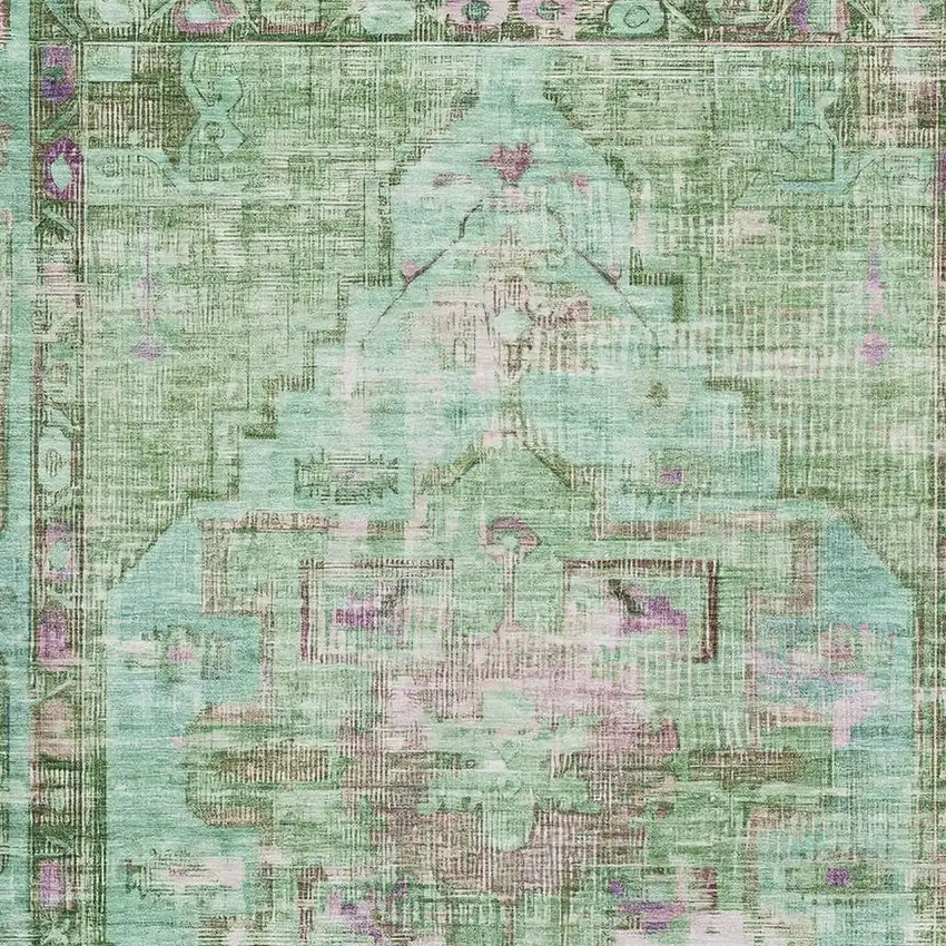 Artichoke Green Lavender And Teal Oriental Washable Area Rug With UV Protection Photo 2