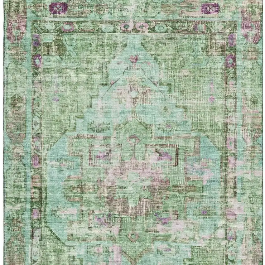 Artichoke Green Lavender And Teal Oriental Washable Area Rug With UV Protection Photo 3
