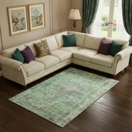 Artichoke Green Lavender And Teal Oriental Washable Area Rug With UV Protection Photo 2