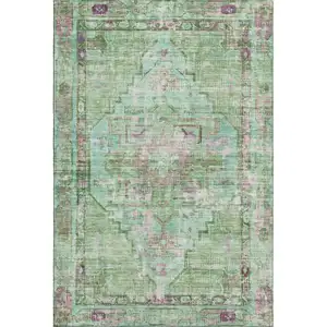 Photo of Artichoke Green Lavender And Teal Oriental Washable Area Rug With UV Protection