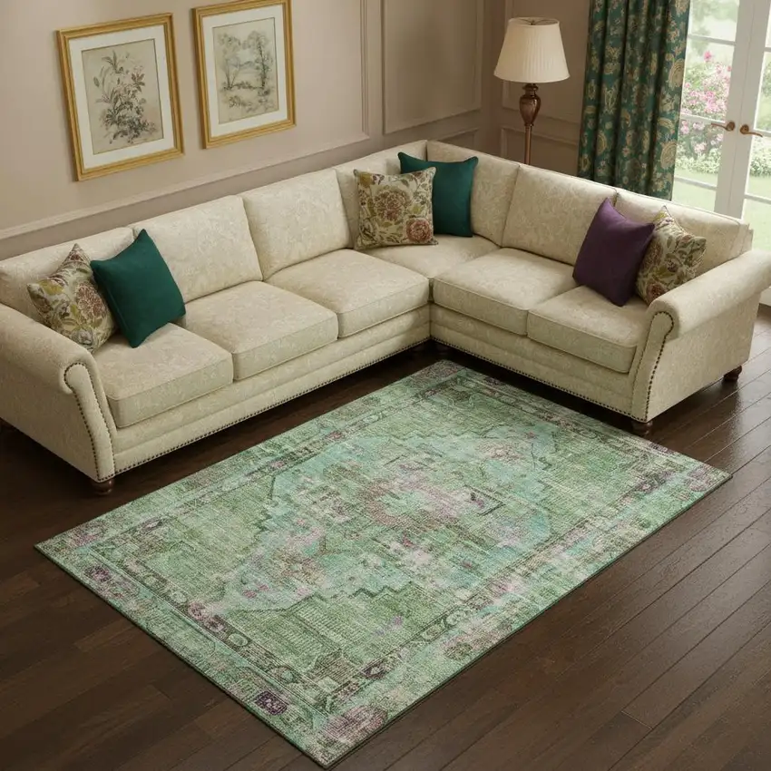 Artichoke Green Lavender And Teal Oriental Washable Area Rug With UV Protection Photo 2