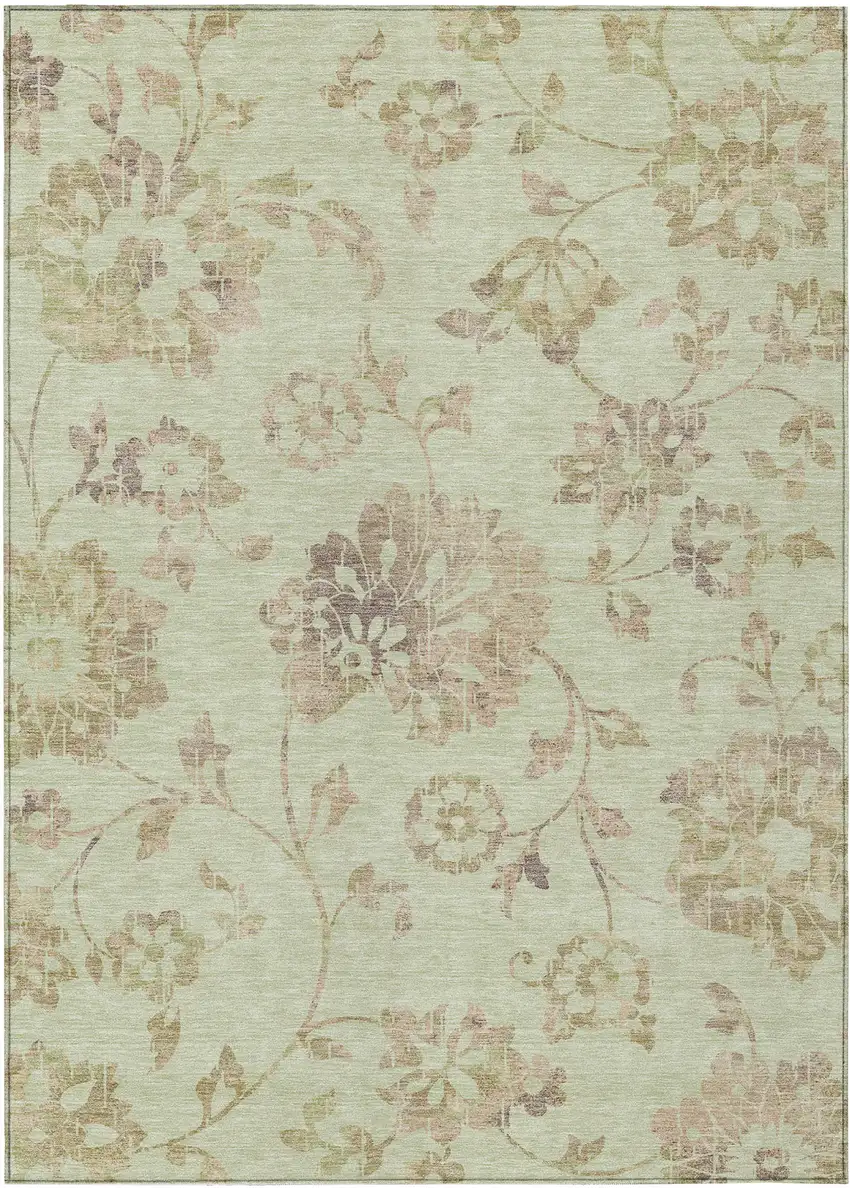 Artichoke Green Mint Green And Taupe Floral Washable Indoor Outdoor Area Rug Photo 2