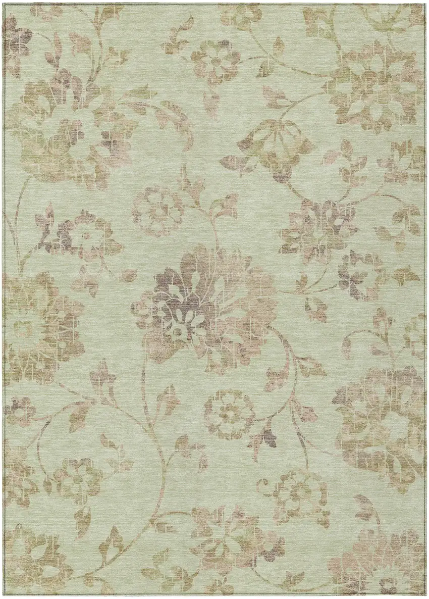 Artichoke Green Mint Green And Taupe Floral Washable Indoor Outdoor Area Rug Photo 2