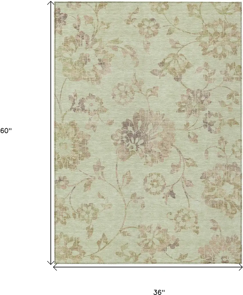 Artichoke Green Mint Green And Taupe Floral Washable Indoor Outdoor Area Rug Photo 3