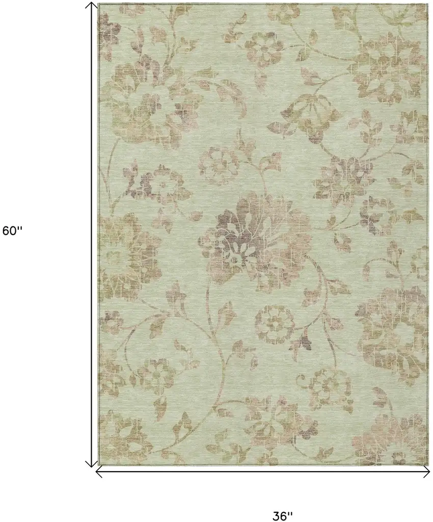 Artichoke Green Mint Green And Taupe Floral Washable Indoor Outdoor Area Rug Photo 3
