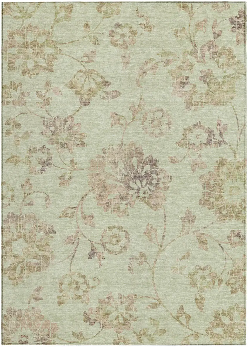 Artichoke Green Mint Green And Taupe Floral Washable Indoor Outdoor Area Rug Photo 7