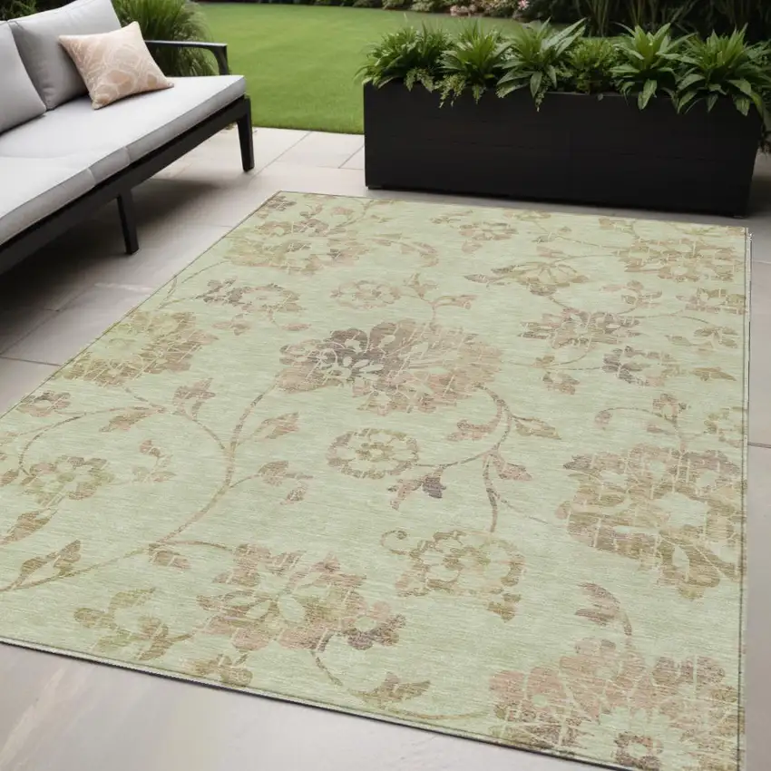 Artichoke Green Mint Green And Taupe Floral Washable Indoor Outdoor Area Rug Photo 1