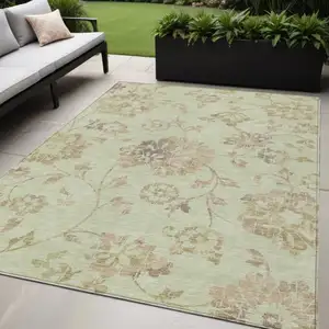 Photo of Artichoke Green Mint Green And Taupe Floral Washable Indoor Outdoor Area Rug