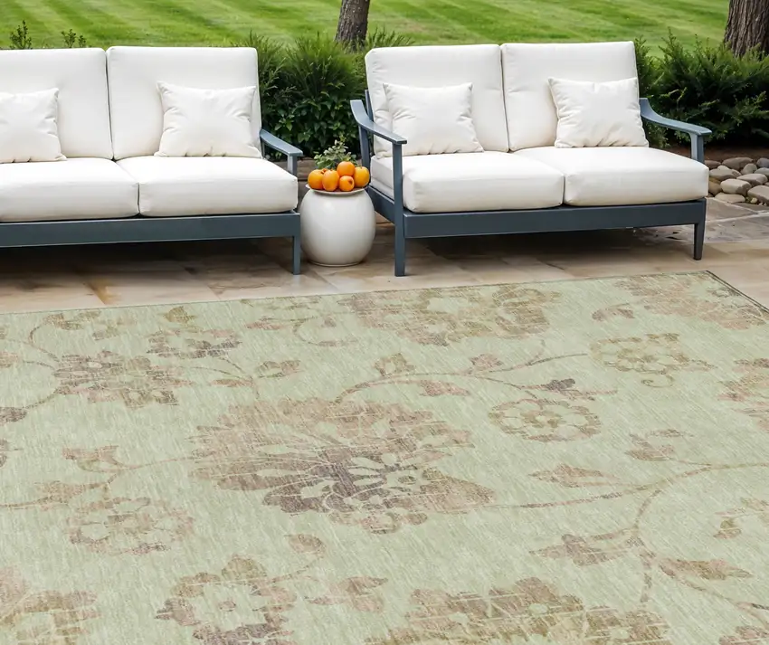Artichoke Green Mint Green And Taupe Floral Washable Indoor Outdoor Area Rug Photo 1